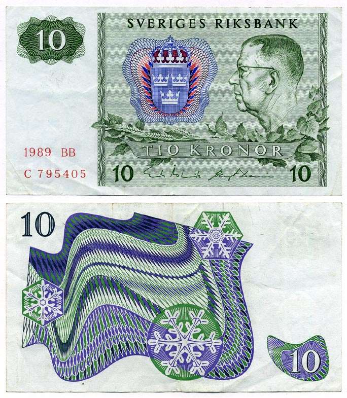 ШВЕЦИЯ 10 КРОН 1989 СЕРИЯ BB, ГУСТАВ VI АДОЛЬФ Pick 52e бумага 8612-31-1-1