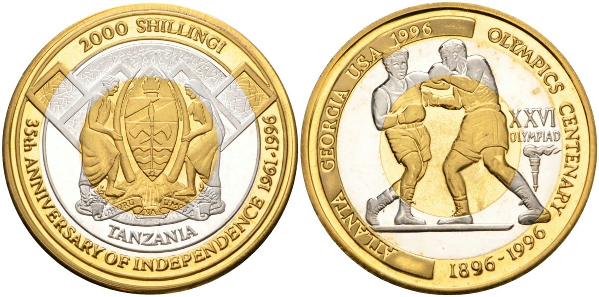Танзания 2000 шиллингов 1996 XXVI Олимпийские игры 1996 года в Атланте, 100 лет Олимпейскому движению, бокс, пробник, гладкий гурт триметалл PROOF 04-323-13