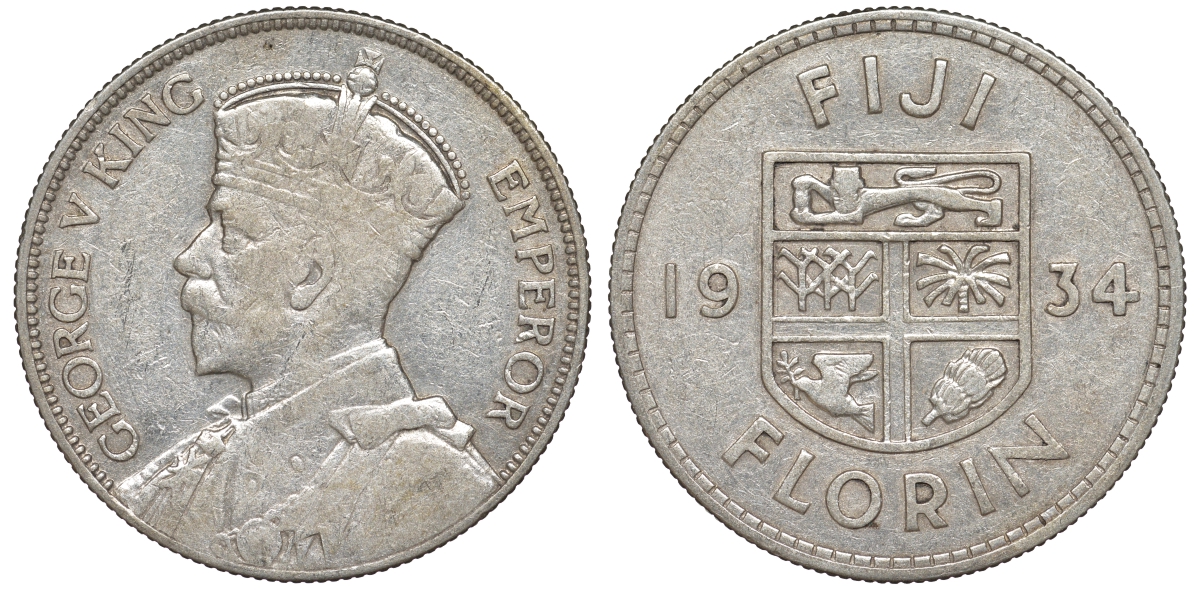 Фиджи 1 флорин 1934 Георг V (1910-1936), герб Фиджи KM 5 серебро 91-1225
