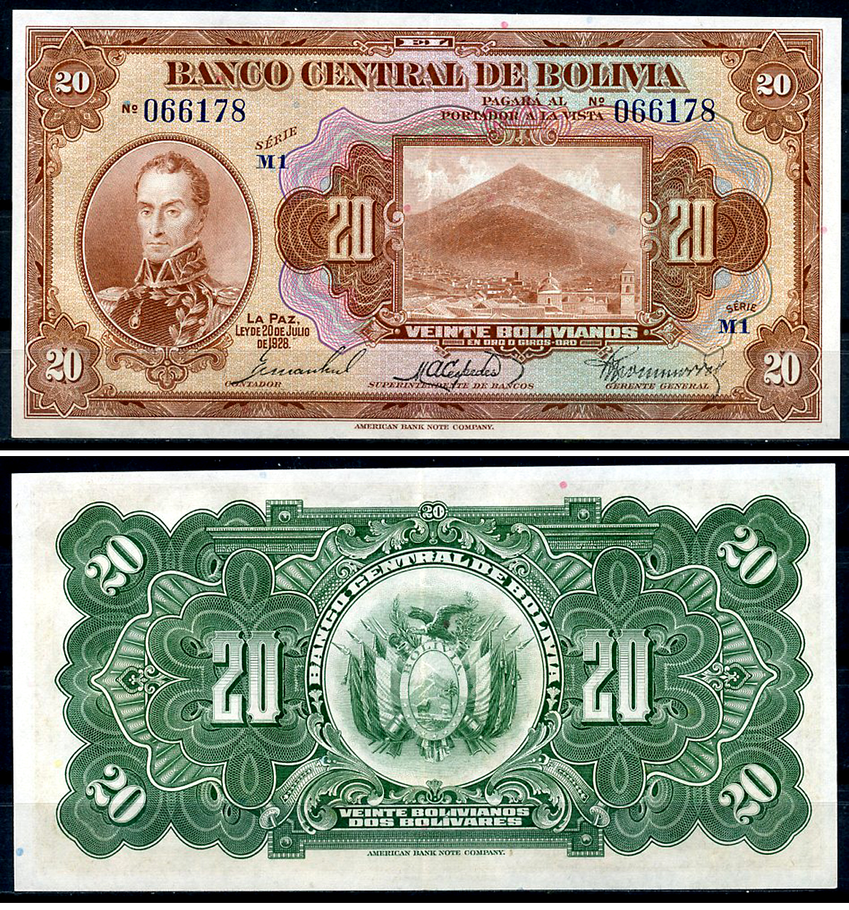 Боливия 20 боливиано 1928 Симон Боливар, Потоси, серия M1 Pick 122 a (7)  бумага  aUNC 444-2-2-2