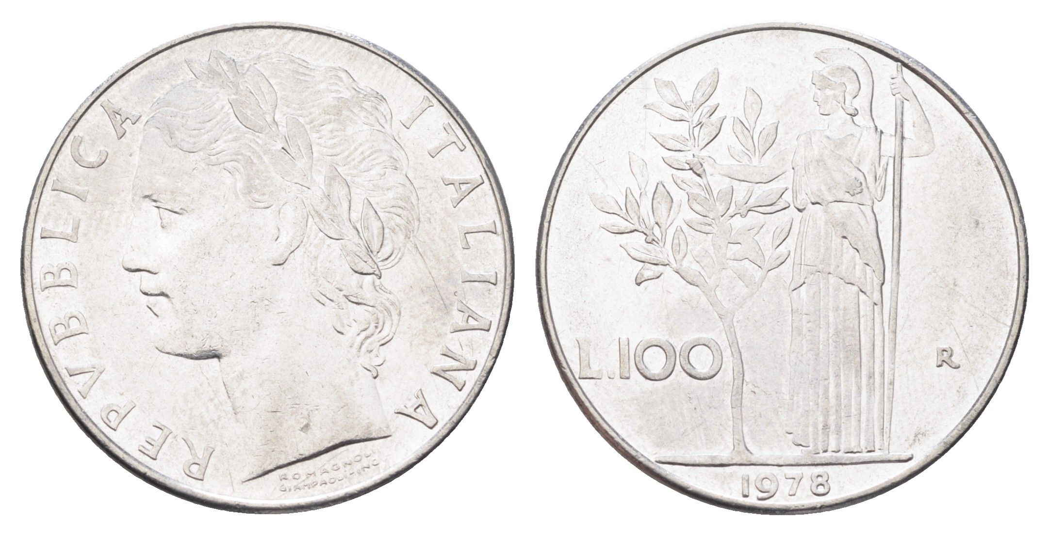Италия 100 лир 1978 R, Афина в доспехах KM 96.1 нержавеющая сталь 4704-754