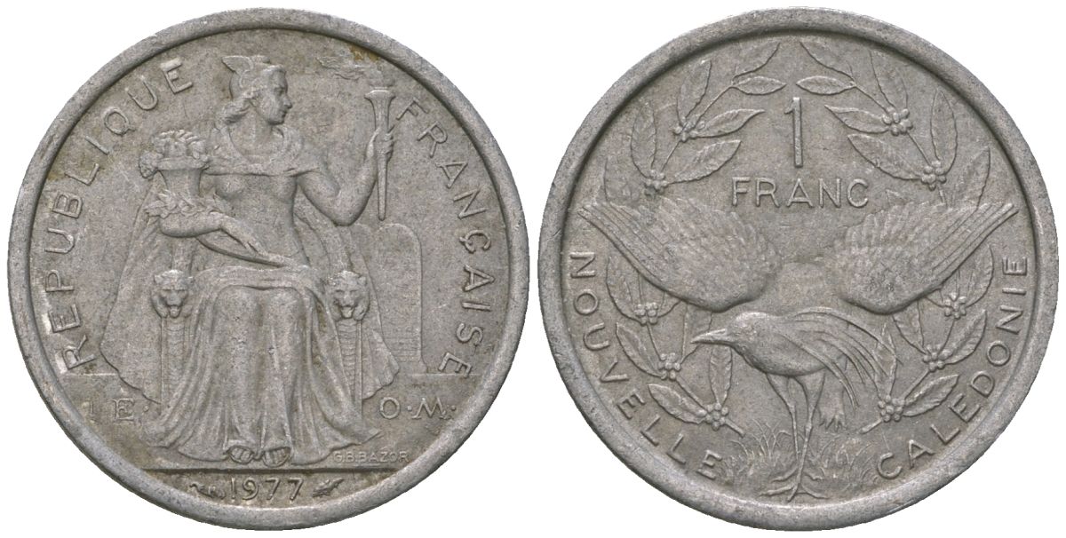 Французская Новая Каледония 1 франк 1977 птица кагу, (IEOM) KM 10, Schoen 10, Lec 40 алюминий    51-1041