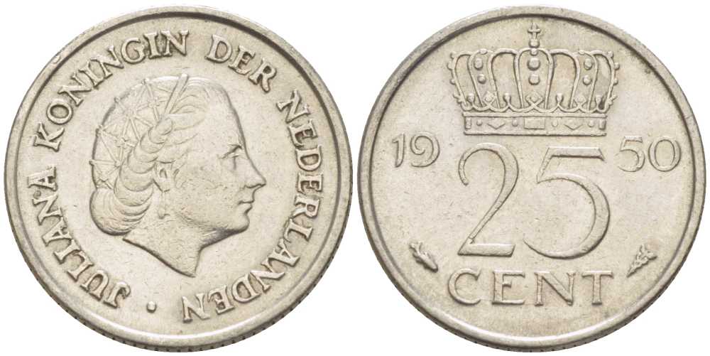 НИДЕРЛАНДЫ 25 ЦЕНТОВ 1950 ЮЛИАНА (1948-1980) KM 183 никель 214-911
