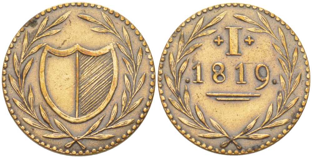 ФРАНКФУРТ-НА-МАЙНЕ 1 ПФЕННИГ 1819 ЕВРЕЙСКИЕ ПФЕННИНГИ, ТОКЕН JEWISH PFENNIGS (JUDEN PFENNIGE) KM Tn5 медь 214-511