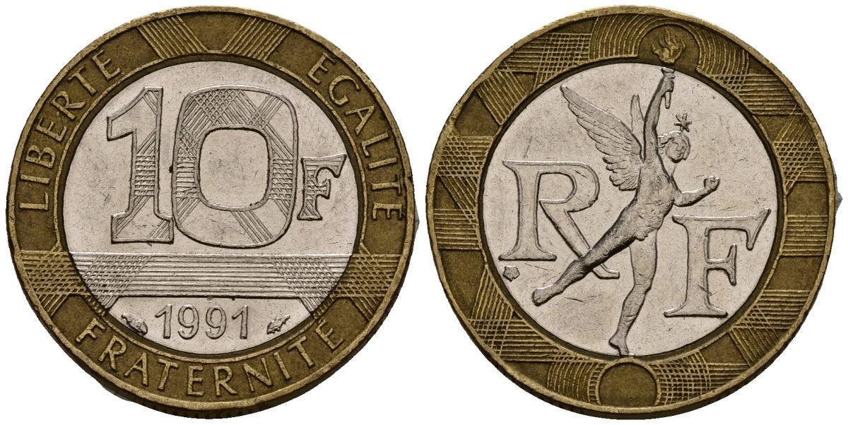 Франция 10 франков 1991 тип Гений Бастилии KM 964.1, Le Frank 375.6 биметалл 4138-334