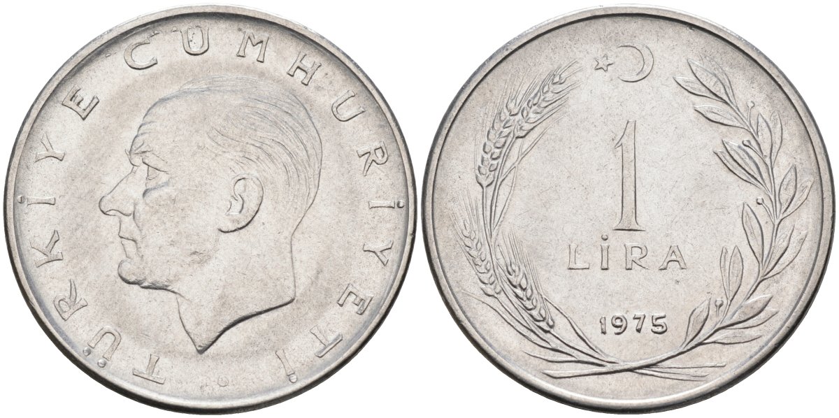 Турция 1 лира 1975 Мустафа Кемаль Ататюрк KM 889а.2 нержавеющая сталь 4575-1037