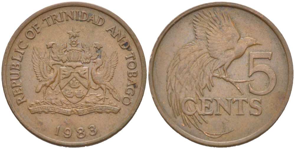 Тринидад и Тобаго 5 центов 1983 райская птица KM 30 бронза 217-531