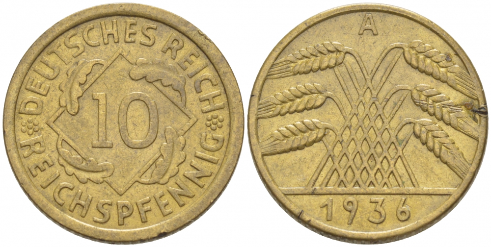 ГЕРМАНИЯ 10 РЕЙХСПФЕННИГОВ 1936 А, KM 40, J. 317 алюминиевая бронза 77-952