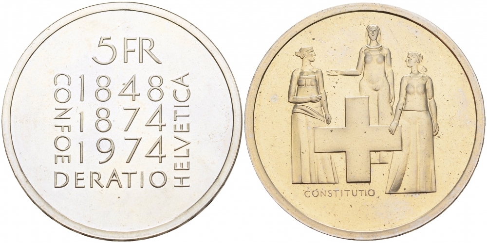 Швейцария 5 франков 1974 100 лет изменения Конституции KM 52 медно-никель PROOF 1087-3-31