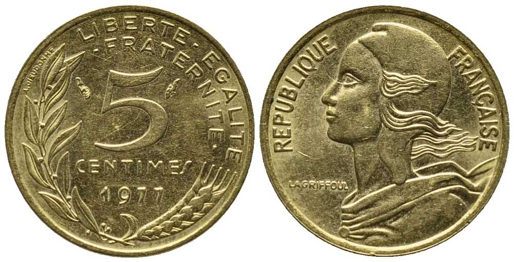 ФРАНЦИЯ 5 САНТИМОВ 1977 ТИП MARIANNE KM 933 медь алюминий никель 39-1242