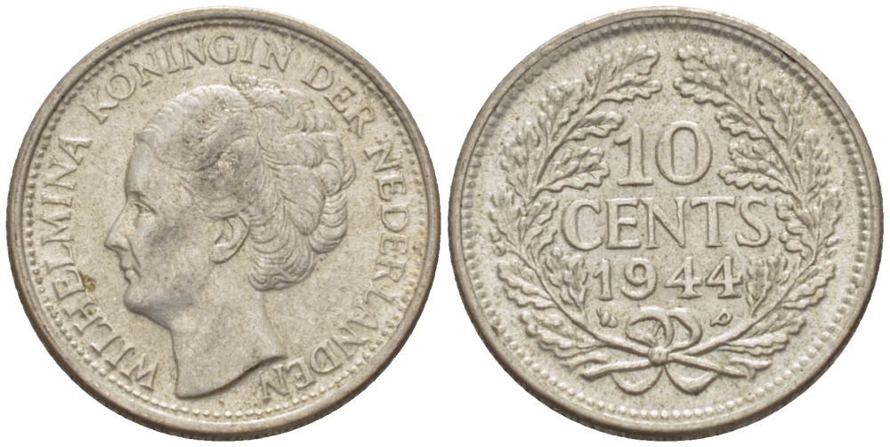 Нидерланды 10 центов 1944 Вильгельмина (1890-1948) KM 163 серебро aUNC 66-1264