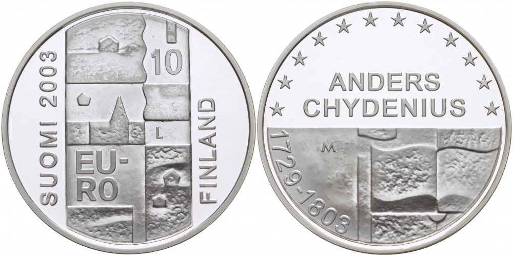 Финляндия 10 евро 2003 200 лет со дня смерти Андерса Чудениуса KM 110 серебро PROOF 11-176-14