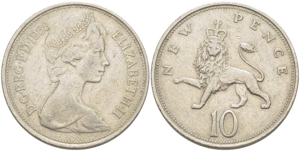 Великобритания 10 пенсов 1968 Елизавета II (1952-2022) KM 912, Spink 4231 (F1) медно-никель 215-735
