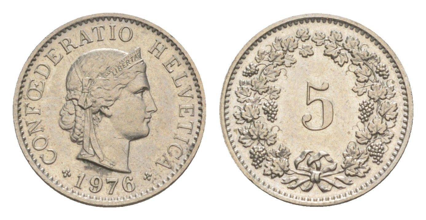 Швейцария 5 раппенов 1976 KM 26 медно-никель UNC 4611-1069