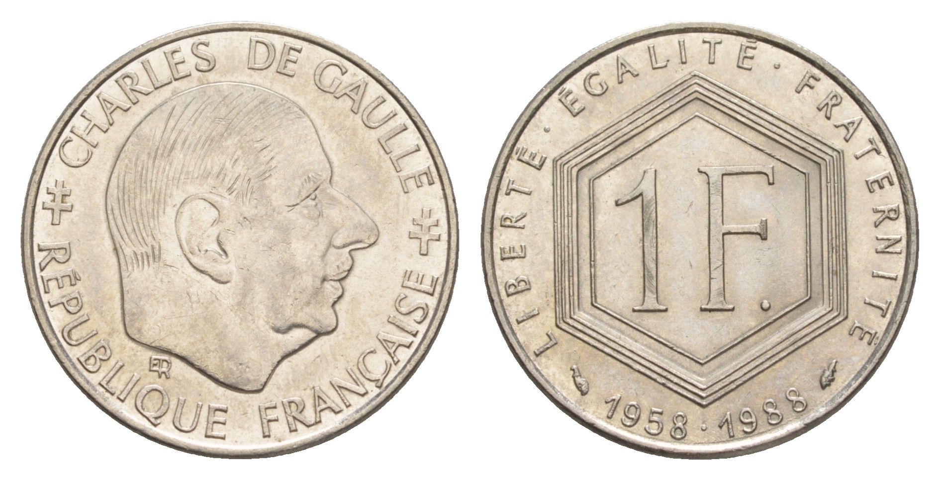 Франция 1 франк 1988 30 лет Пятой Республике KM 963 никель UNC 4637-257