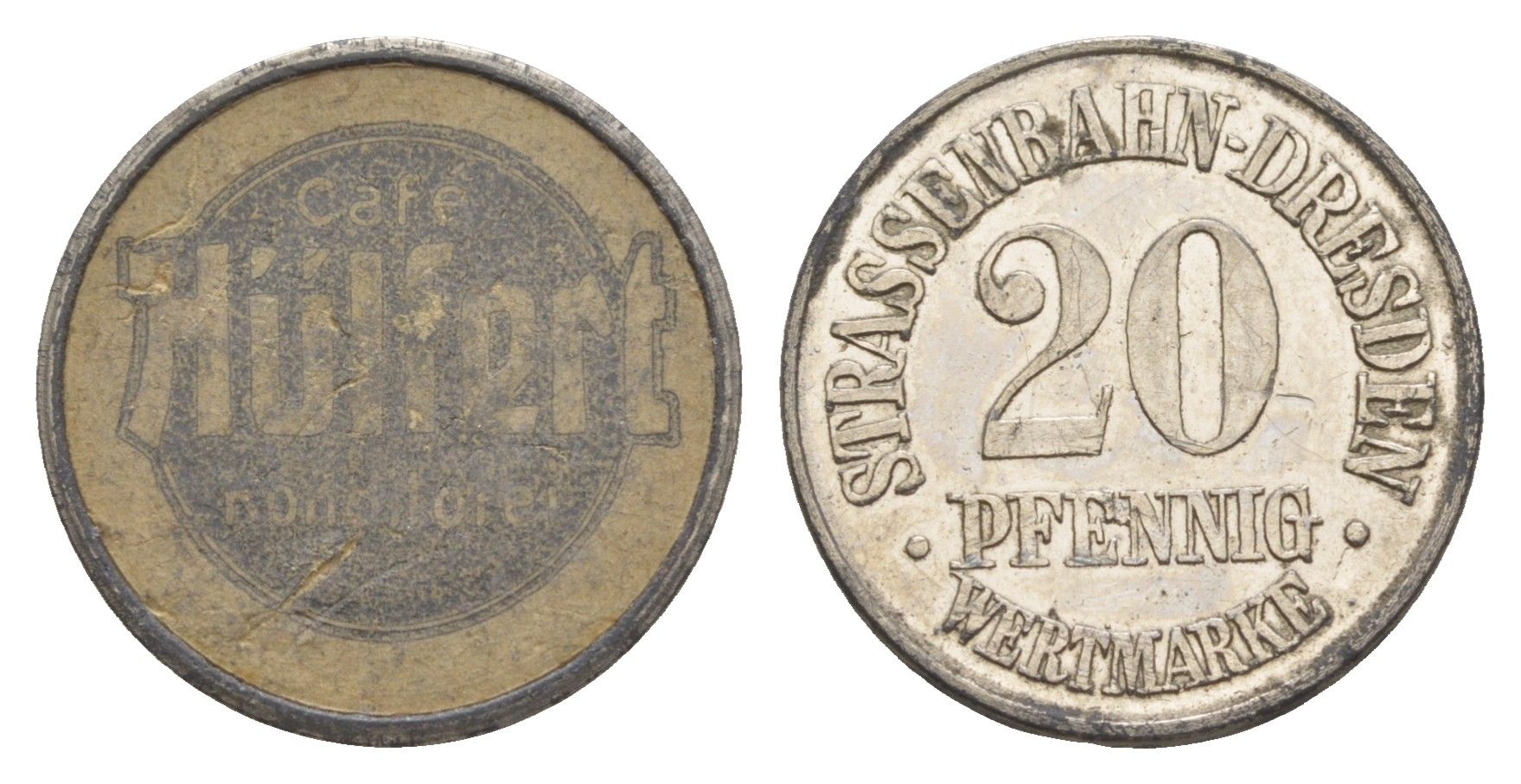 Дрезден трамвайный (транспортный) жетон в 20 пфеннигов ND H?lfert Men05 5719.1, Men18 7136.1 цинк и картон 4582-1051