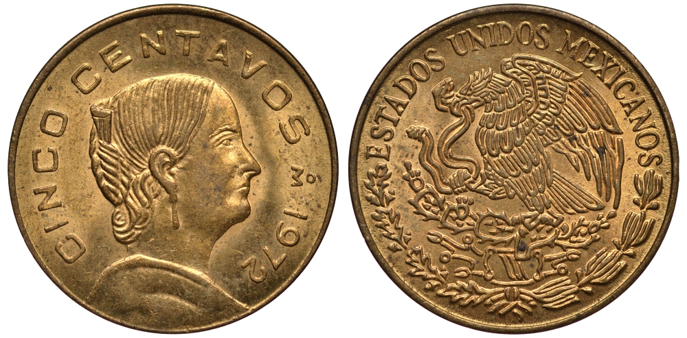 Мексика 5 сентаво 1972 Жозефа Ортис де Домингес KM 427 латунь XF-UNC 4181-329