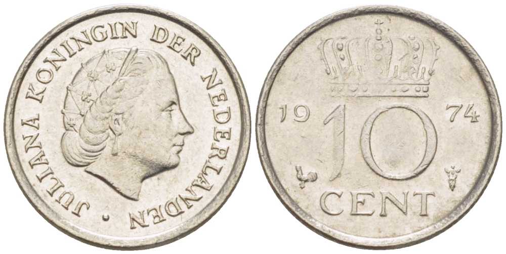 НИДЕРЛАНДЫ 10 ЦЕНТОВ 1974 ЮЛИАНА (1948-1980) KM 182 никель 116-469