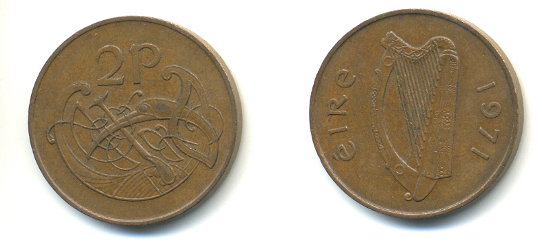 Ирландия 2 пенса 1971 виньетка в виде стилизованной птицы из второй библии Карла II лысого KM 21 бронза 86-1431