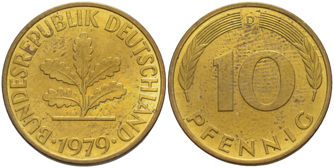 ФРГ 10 ПФЕННИГОВ 1979 D KM 108, J. 383 сталь плакированная латунью 4548-822