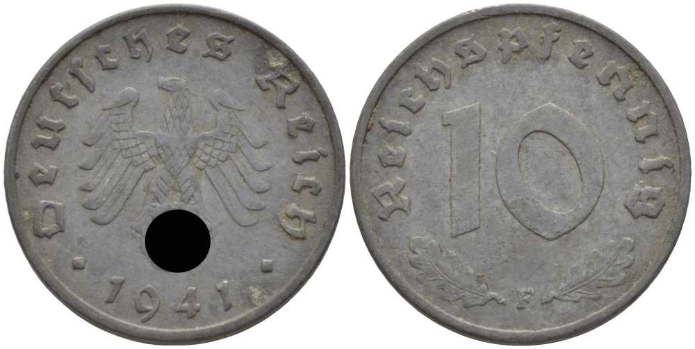 ГЕРМАНИЯ 10 РЕЙХСПФЕННИГОВ 1941 F KM 101, J. 371 цинк 4401-744
