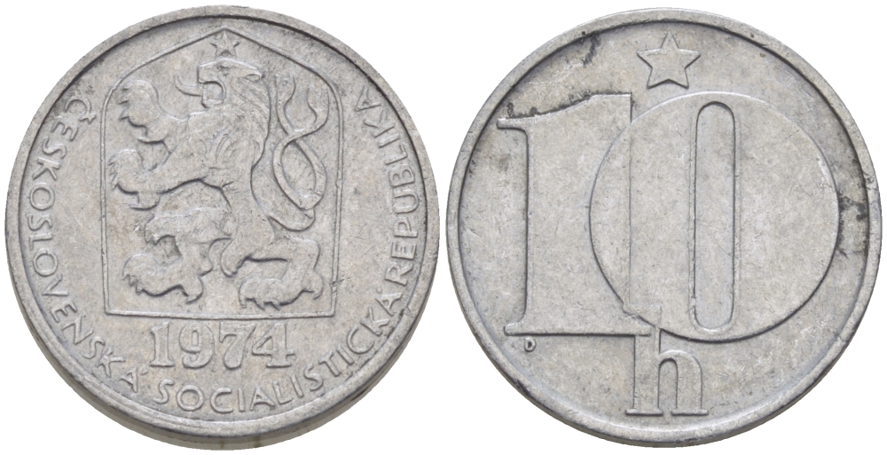 ЧЕХОСЛОВАКИЯ 10 ГЕЛЛЕРОВ 1974 СОЦИАЛИСТИЧЕСКАЯ РЕСПУБЛИКА KM 80 алюминий 177-1261