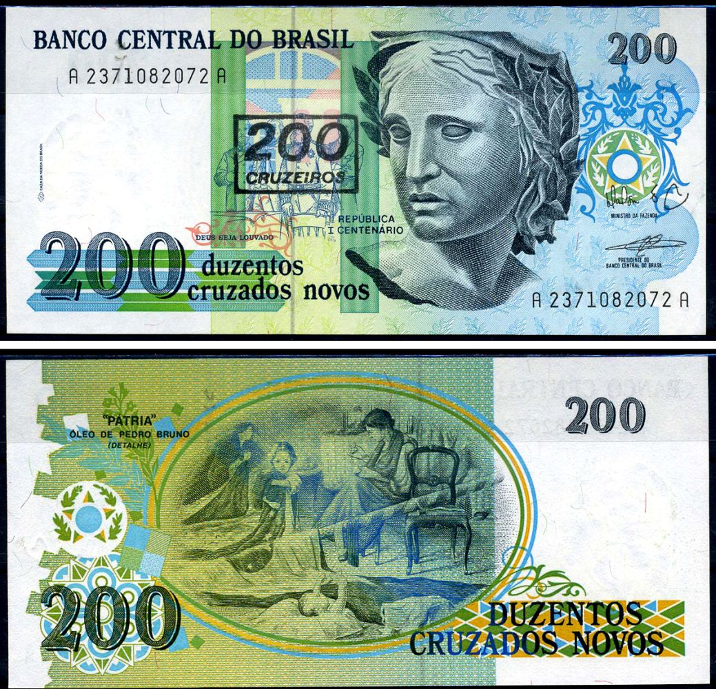 Бразилия 200 крузейро 1989 Центральный банк Бразилии Pick 229 бумага UNC (пресс) 8602-17-2-2