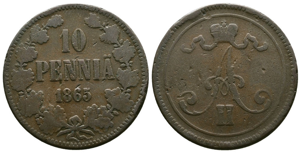 РОССИЯ ДЛЯ ФИНЛЯНДИИ 10 ПЕННИ 1865 АЛЕКСАНДР II Биткин 651 медь 4382-846
