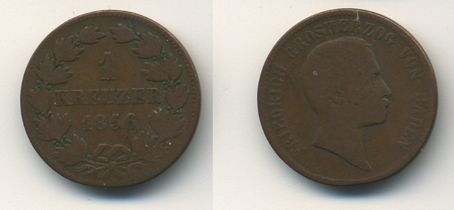 Баден 1 крейцер 1856 Великий Герцог Фридрих I (1856-1907) KM 232 медь 36-913