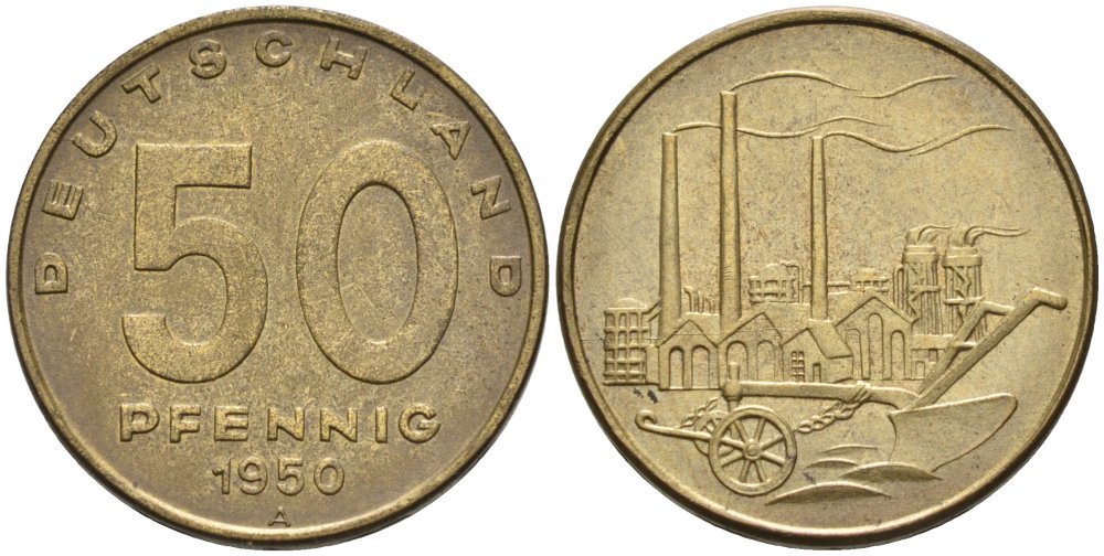 ГДР 50 пфеннигов 1950 А, фабрика KM 4 алюминиевая бронза 4575-523