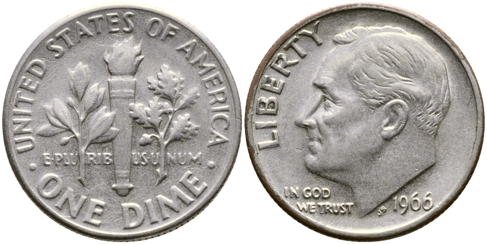 США 10 ЦЕНТОВ = 1 ДАЙМ 1966 РУЗВЕЛЬТ KM 195а медь плакированная медно-никелем 84-349