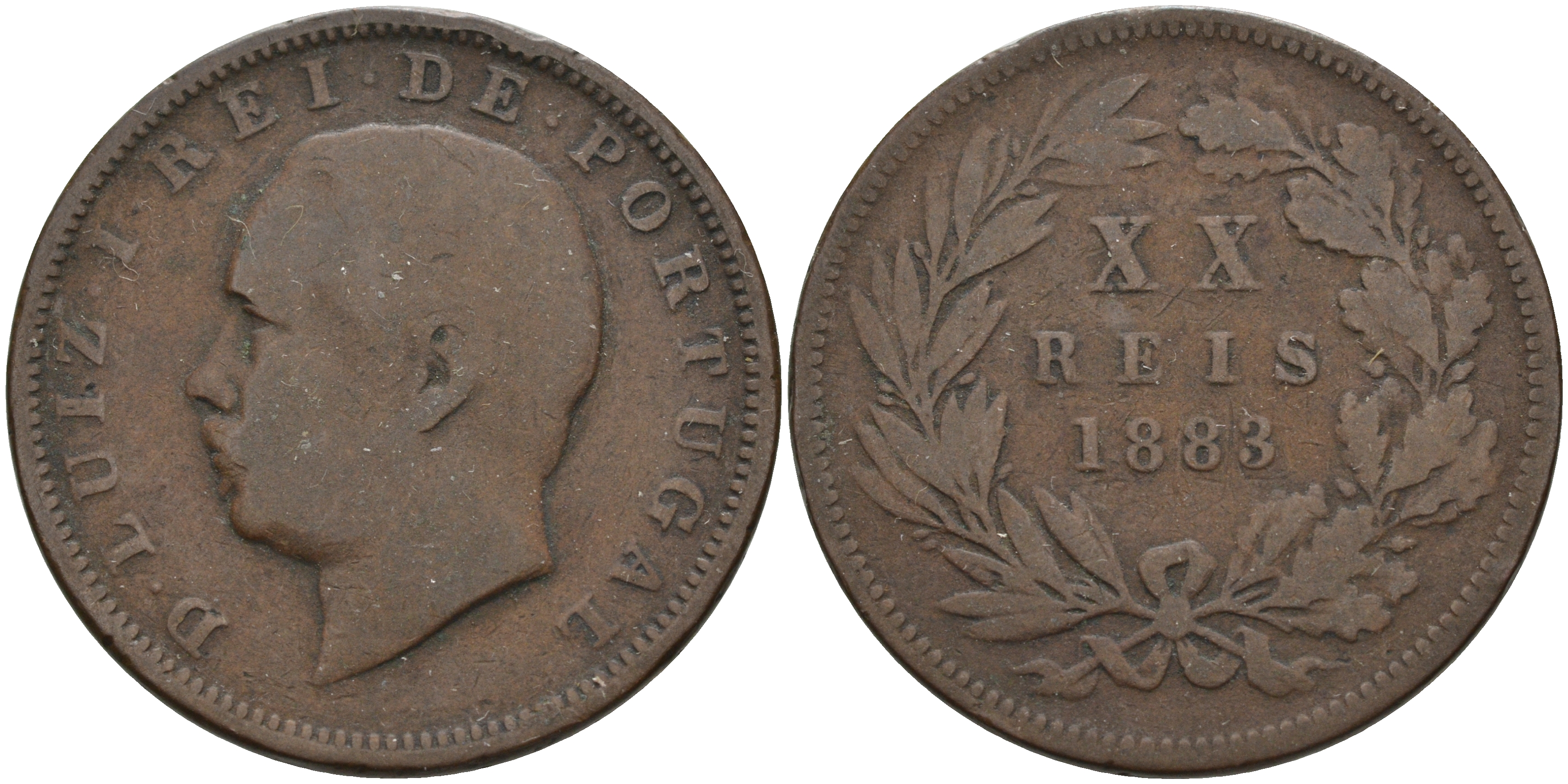 Португалия 20 рейсов 1883 Луиш (Людовик) I (1861-1889) KM 527 бронза 4565-135