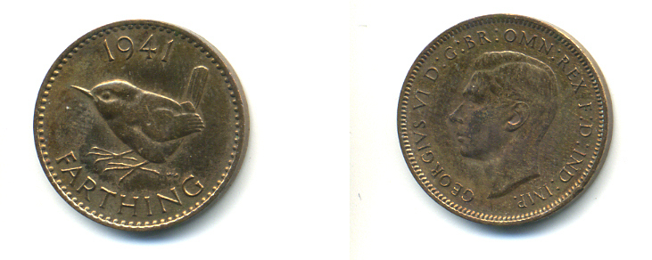 Великобритания 1 фартинг 1941 Георг VI (1936-1952) KM 843, Spink 4116 бронза 83-434