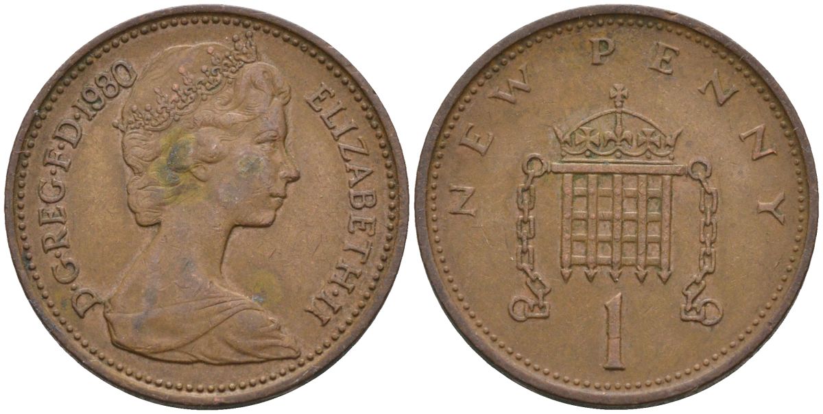 Великобритания 1 пенни 1980 Елизавета II (1952-2022) KM 915, Spink 4237 (B1) бронза 4115-714