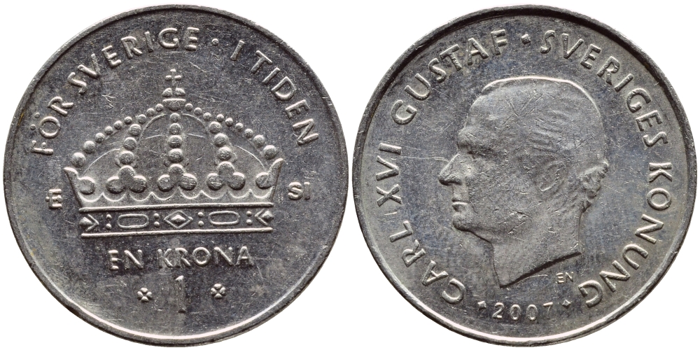 Швеция 1 крона 2007 Карл XVI Густав (1973- ) KM 894 медно-никель 93-1231