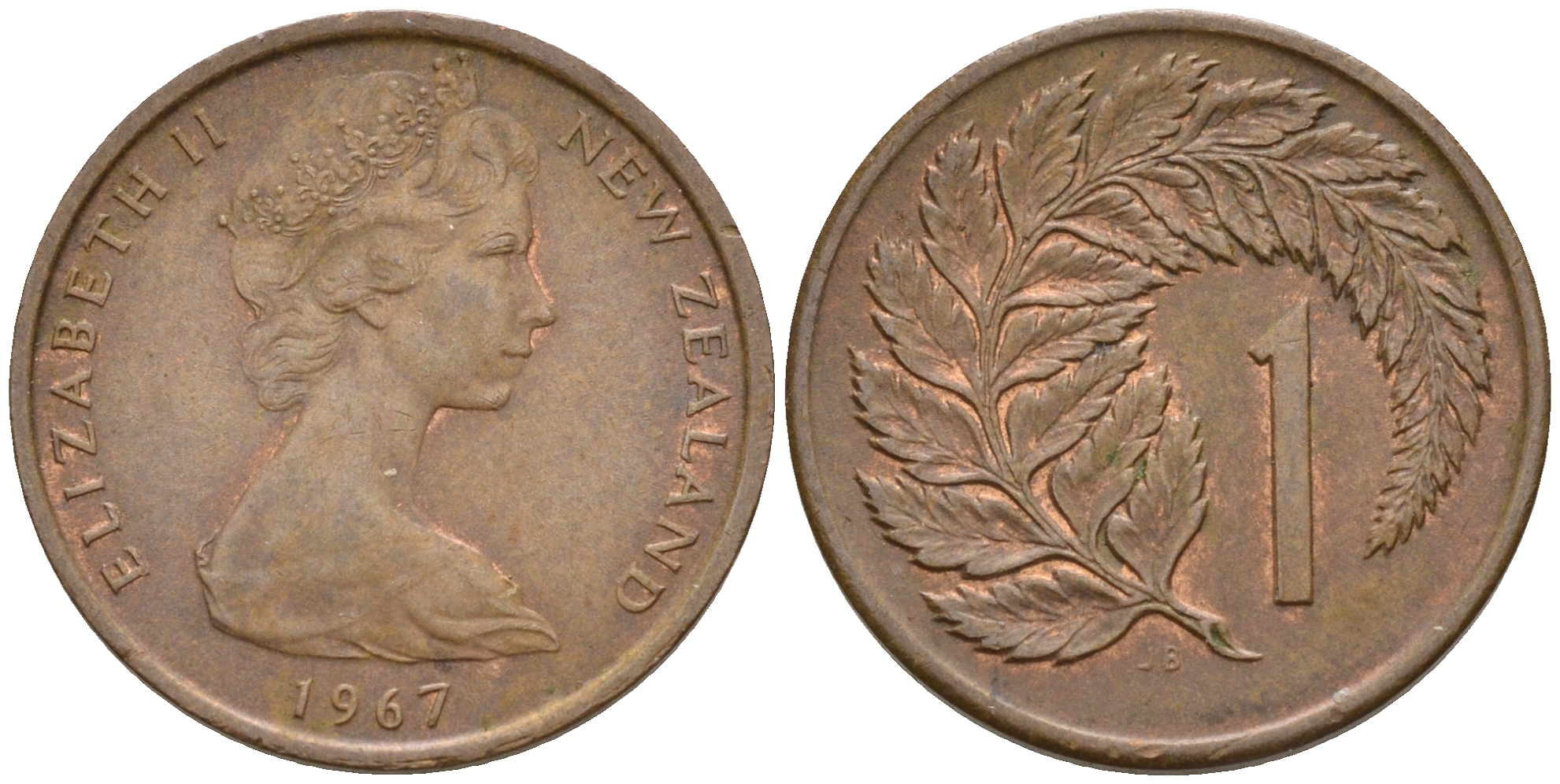 Новая Зеландия 1 цент 1967 Елизавета II, лист KM 31.1 бронза 4602-629
