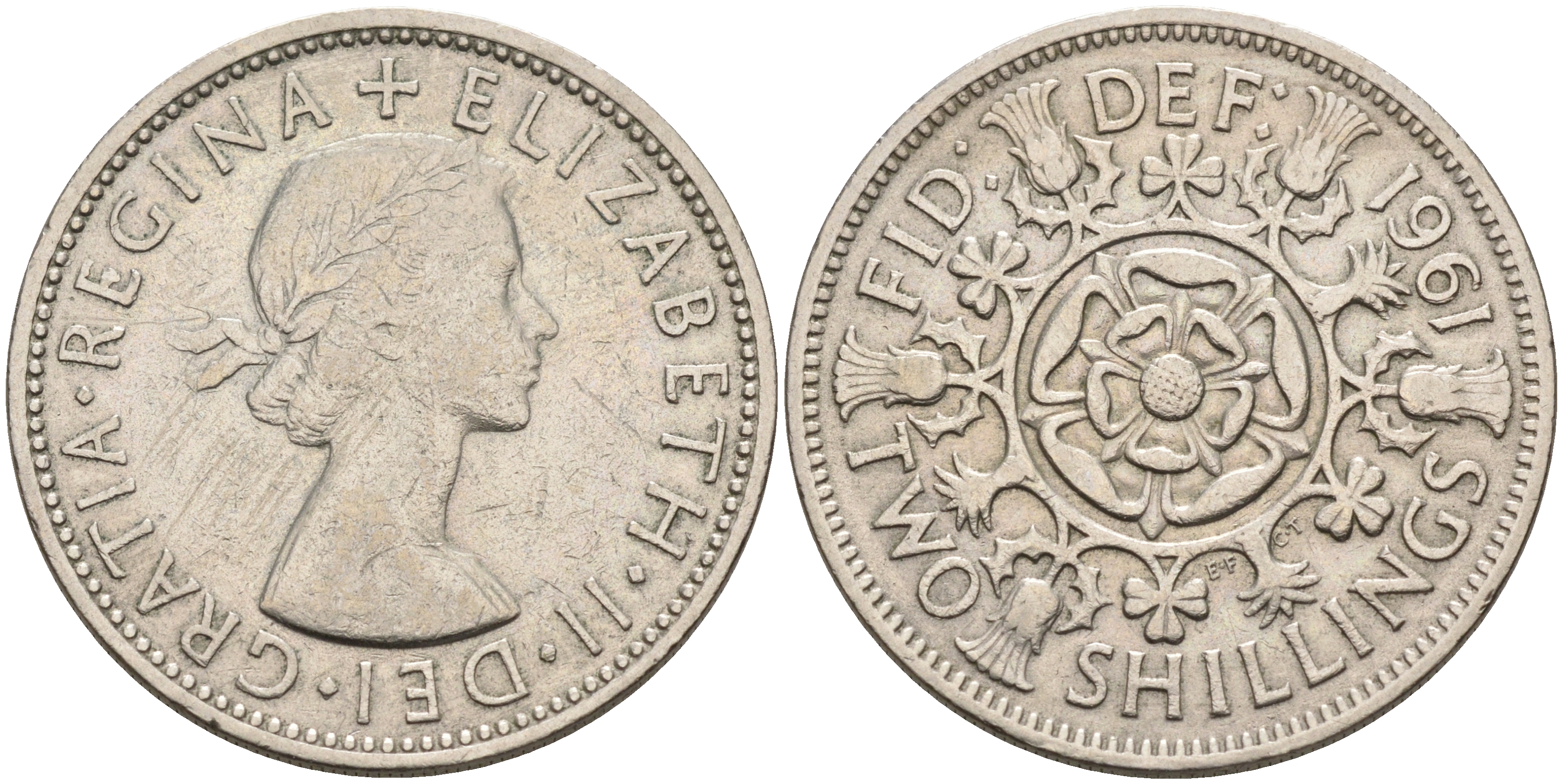 Великобритания 2 шиллинга (флорин) 1961 Елизавета II (1952-2022) KM 906, Spink 4146 медно-никель 4367-1243