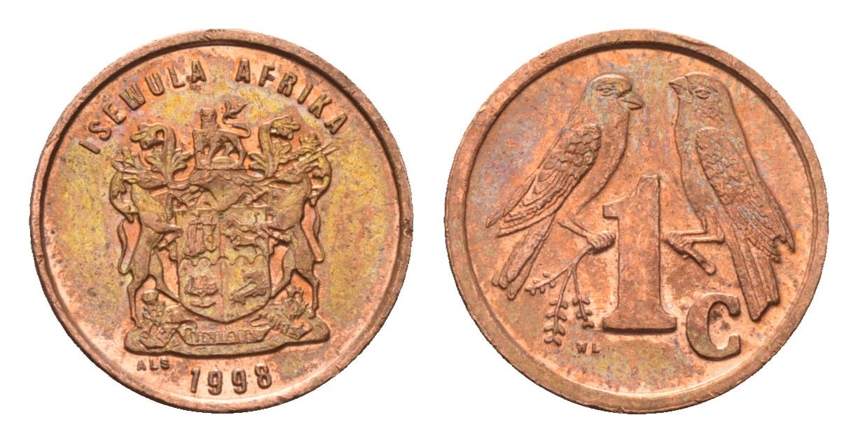 ЮАР 1 цент 1998 герб, капские воробьи KM 170 сталь плакированная медью UNC 4694-233