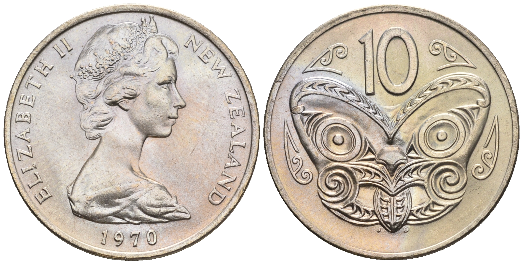 Новая Зеландия 10 центов 1970 Елизавета II (1952-2022), маска маори KM 41.1 медно-никель  UNC  4182-1232