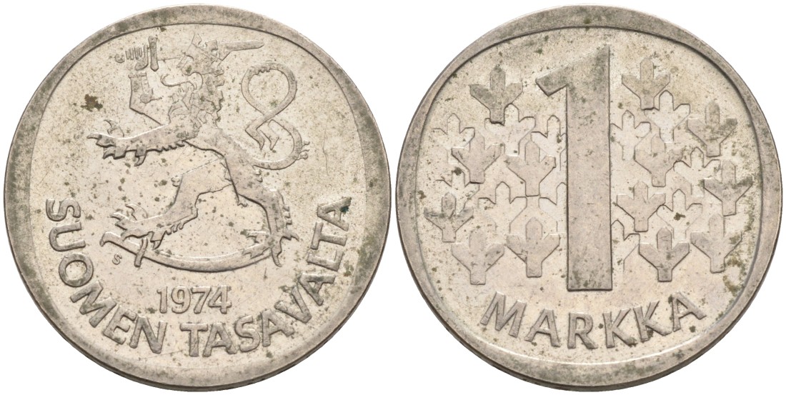 ФИНЛЯНДИЯ 1 МАРКА 1974 S KM 49a медно-никель 4563-516