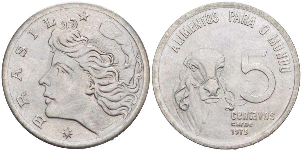 Бразилия 5 сентаво 1975 ФАО, зебу KM 587.1 нержавеющая сталь 217-535