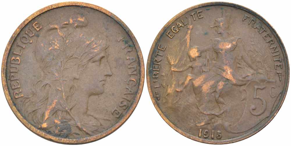 ФРАНЦИЯ 5 САНТИМОВ 1915 ТИП ДАНИЭЛЬ ДЮПЮИ KM 842, LE FRANC 119.27 бронза 108-947