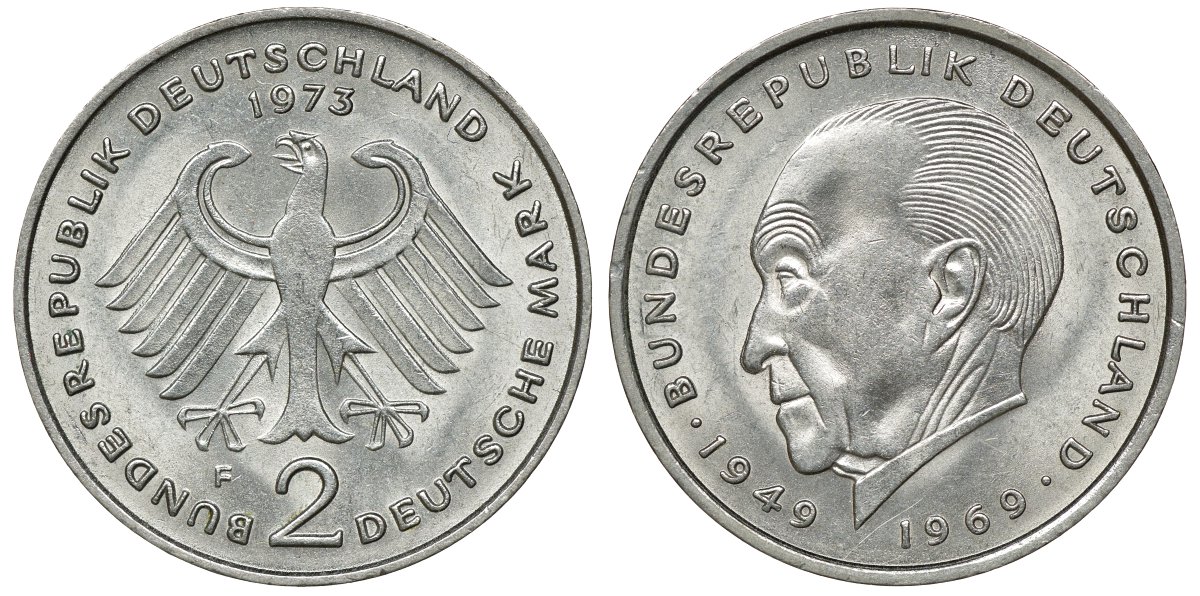 ФРГ 2 МАРКИ 1973 F, КОНРАД АДЕНАУЭР KM 124, J. 406 медно-никель плакированный никелем плакированный никелем UNC 72-447