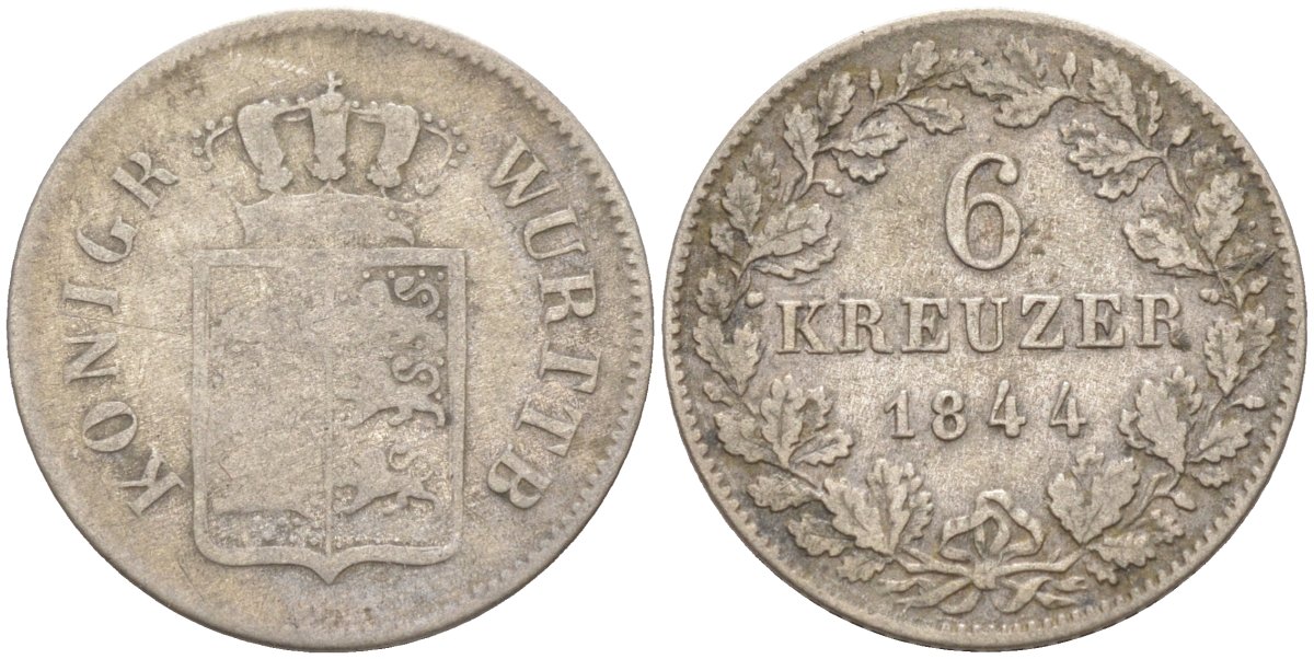 Вюртемберг 6 крейцеров 1844 Вильгельм I (1816-1864) KM 592, Jg. 68, AKS 100, Kl./Ra. 100.2. серебро 187-1025