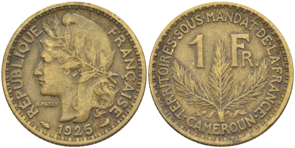 Французский Камерун 1 франк 1925 (а), монетный двор Париж KM 2 алюминиевая бронза 51-214