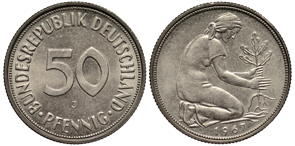 ФРГ 50 ПФЕННИГОВ 1967 J KM 109.1, J. 384 медно-никель UNC 4127-712