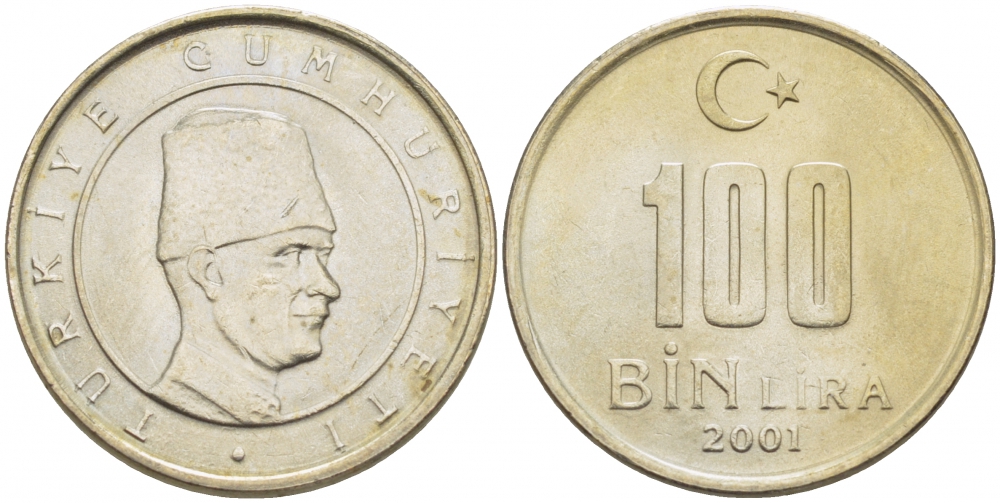 Турция 100000 лир 2001 Мустафа Кемаль Ататюрк KM 1106 медь никель цинк 3309-1119