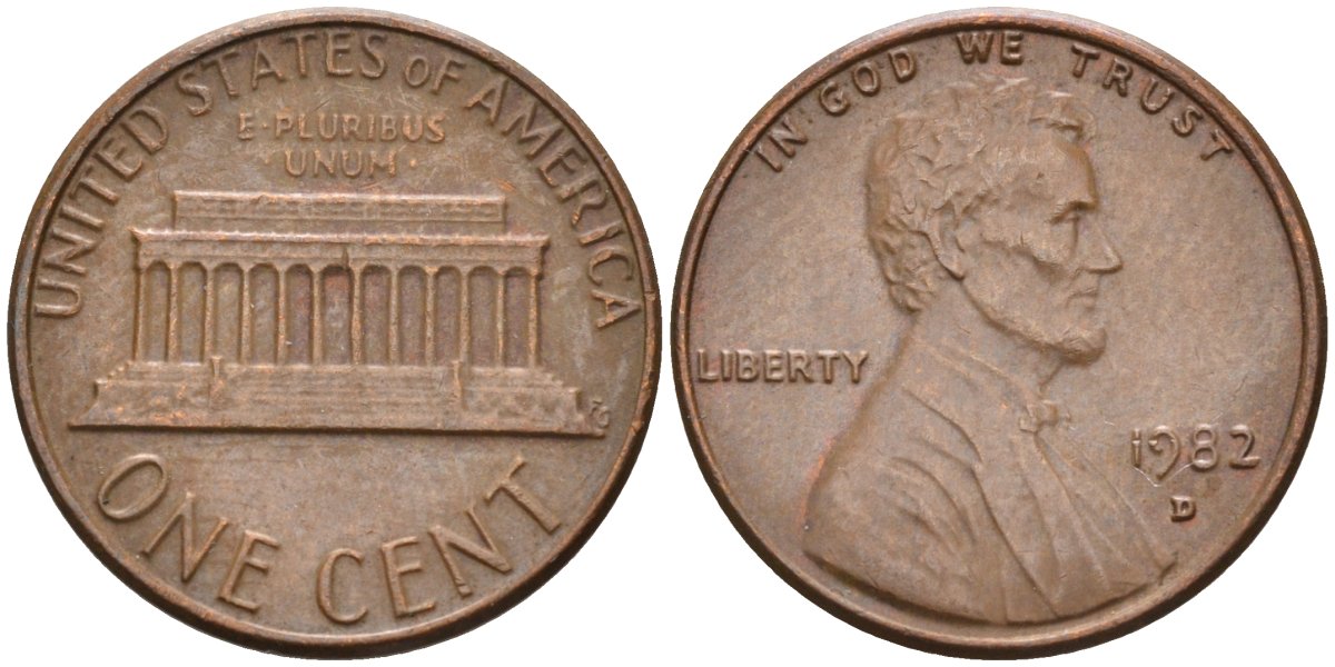 США 1 цент 1982 D, Линкольн KM 201 медь цинк 4585-1053