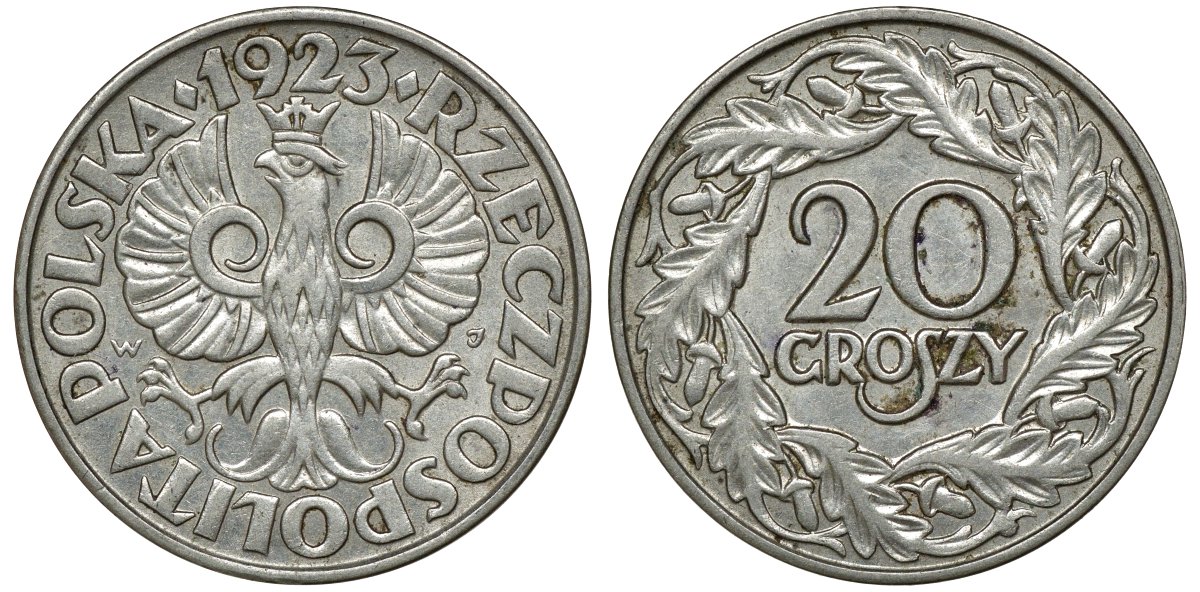 ПОЛЬША 20 ГРОШЕЙ 1923 KM 12 никель 72-555
