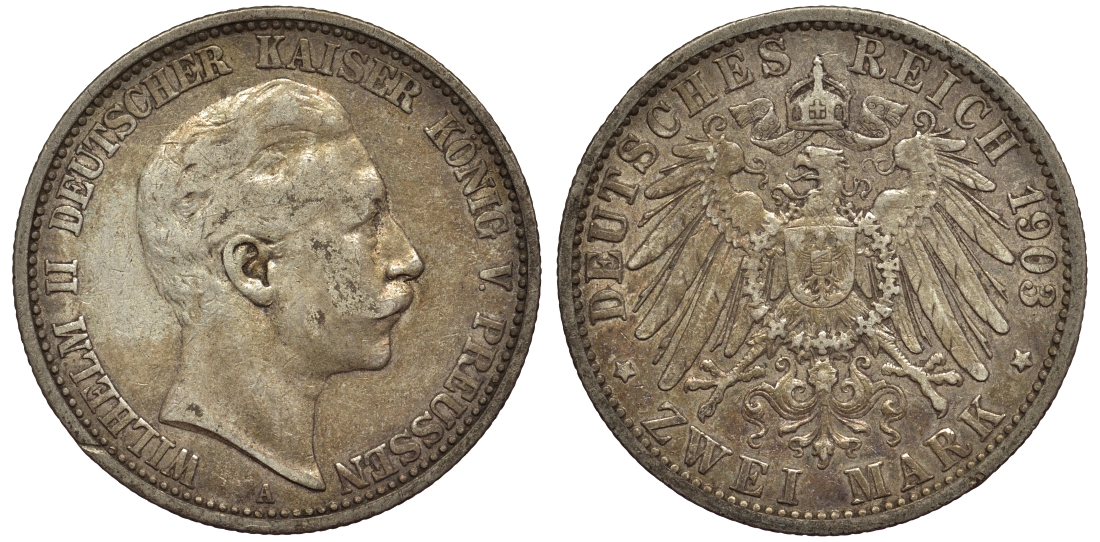 Пруссия 2 марки 1903 A, Вильгельм II (1888-1918) J.102, Weege 101, KM 522 серебро 02-014-24